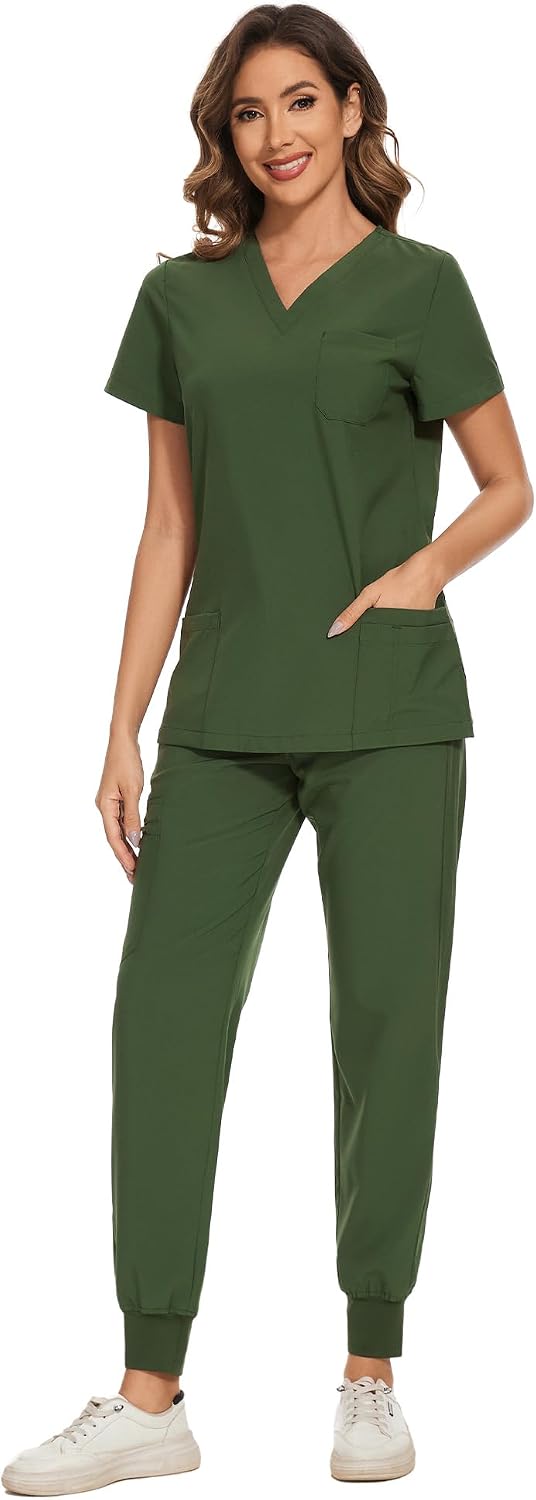 COZYFIT Scrubs for Women Set - Stretch V-Neck Scrub Top & Jogger Pant with 8 Pockets COZY SCRUBS - Colors C