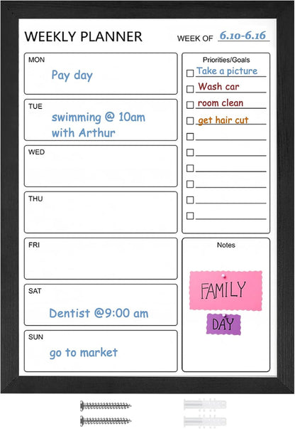 Dry Erase White Board Weekly Calendar Board, Magnetic Whiteboard for Wall,10.6“x14.7 Solid Wood Rustic Brown Framed Message Board, Planner Board for Office, Home, Schooll(Weekly-BB-RB-2737)