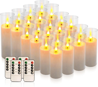 24 Pcs LED Flameless Candles with Remote, 3D Flickering Flame & LED String Lights, Acrylic Clear Cylinder, Timer Function, Romantic Ambience for Home Decor, Party, Wedding (Ivory).