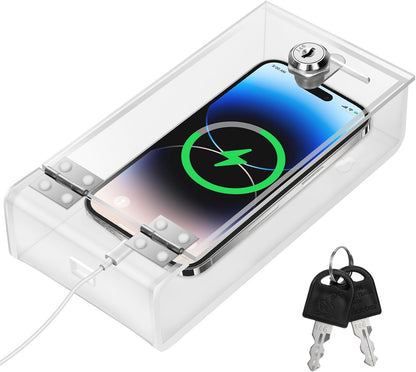 Cell Phone Lock Box,Mobile Phone Storage Jail Box with 2 Keys Transparent Phone Locker Phone Acrylic Key Staff