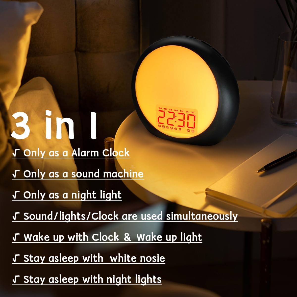 Wake Up Light Sunrise Alarm Clock White Noise Machine with Sunrise Sunset Simulation for Heavy Sleepers Kids Bedroom Dual Alarms Snooze Sound Brown Noise Machine with 25 Sounds for Sleeping