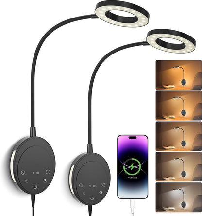 Wall Mounted Reading Light, Bedside Headboard Lights with 5 Color Temperature & 5 Dimming, 360 Flexible Gooseneck, USB Output, Night Light & Timer Function - Perfect for Reading (Black)