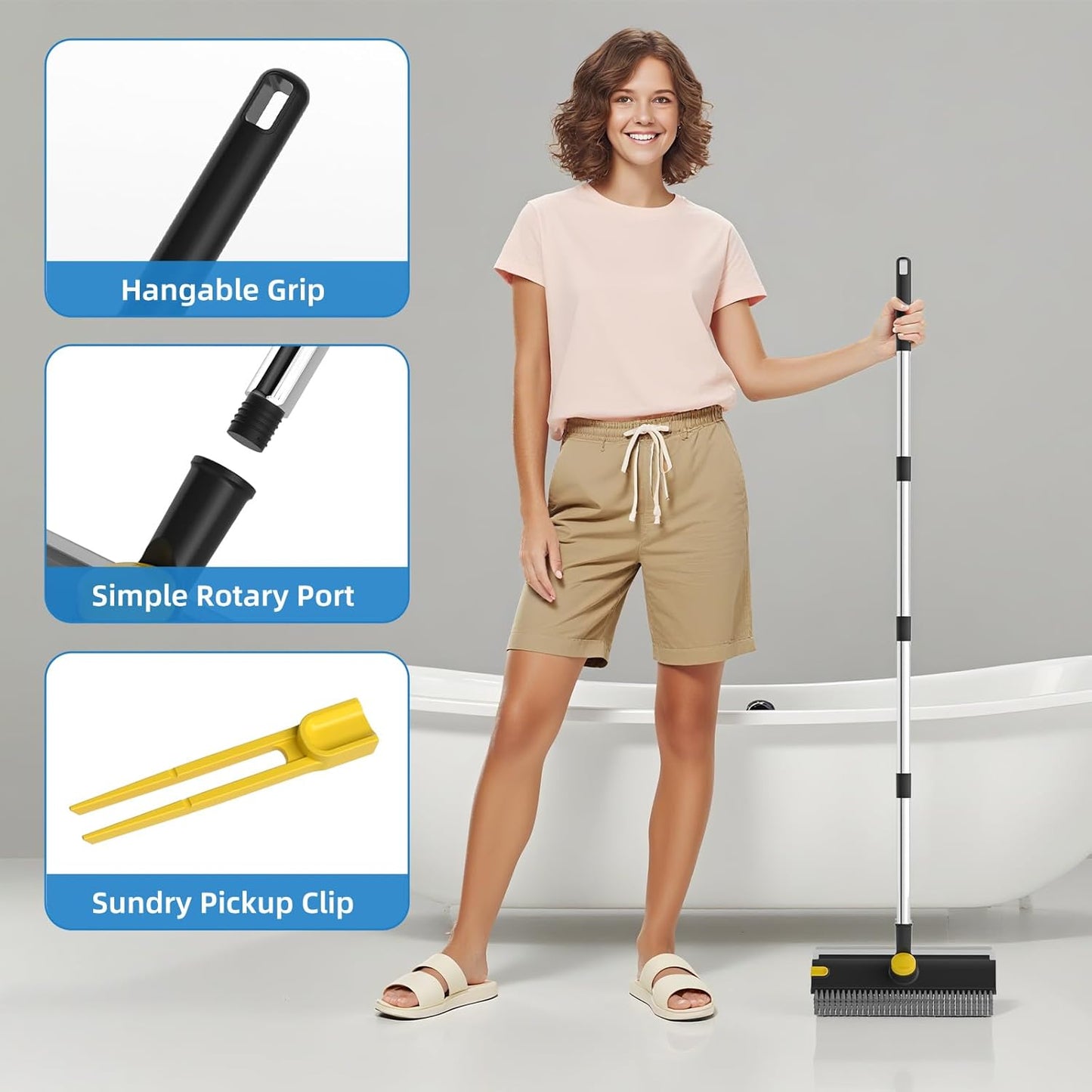 Scrub Brush with Long Handle, Floor Scrub Brush Squeegee Broom for Cleaning, 3 in 1 Shower Scrubber Floor Broom Squeegee for Concrete Tile Wall Deck Patio Grey