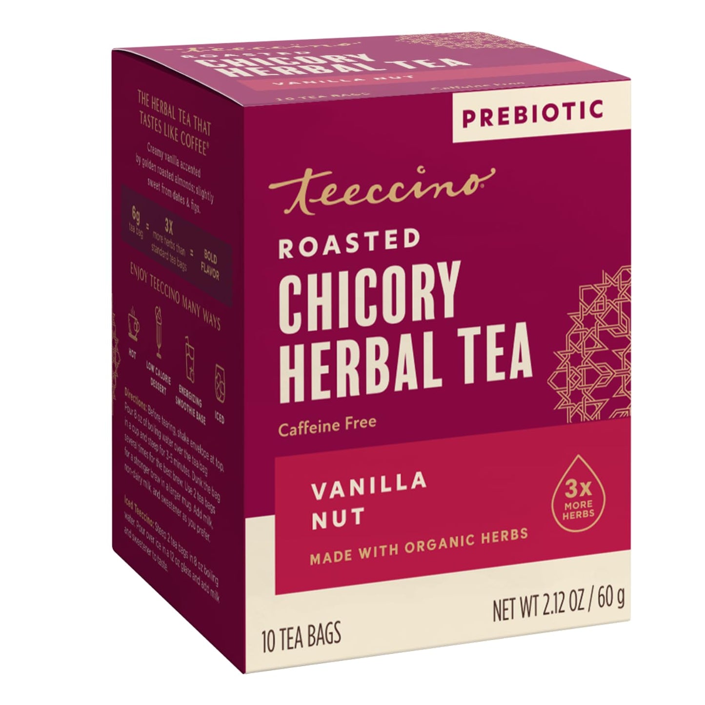Teeccino Holiday Herbal Tea Sampler Assortment - Candy Cane, Gingerbread, Snickerdoodle - Caffeine-Free Holiday Dessert Teas with Prebiotic Chicory, 12 Tea Bags