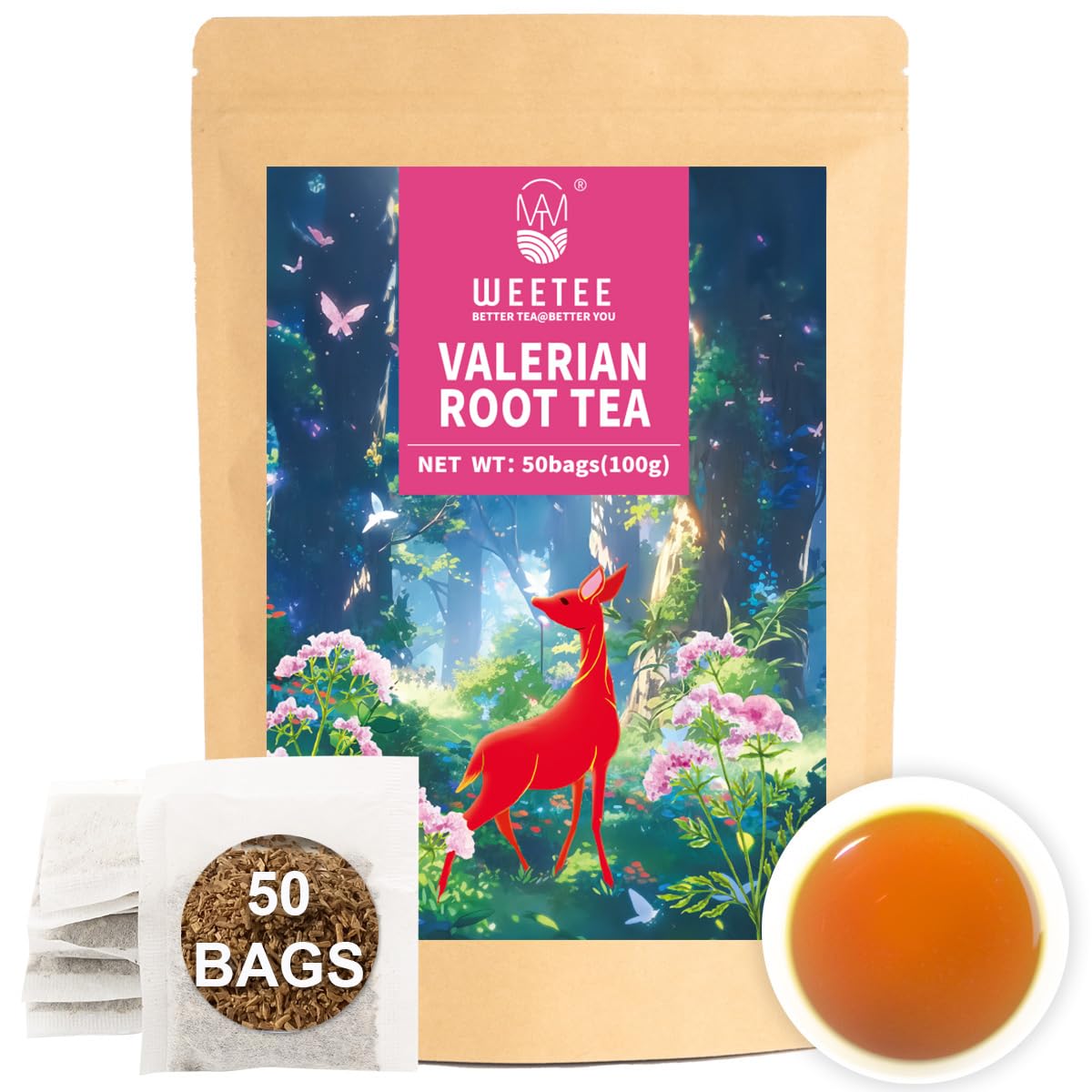 WT WEETEE Valerian Root Tea Bags 50ct, Caffeine-free Herbal Tea for Night