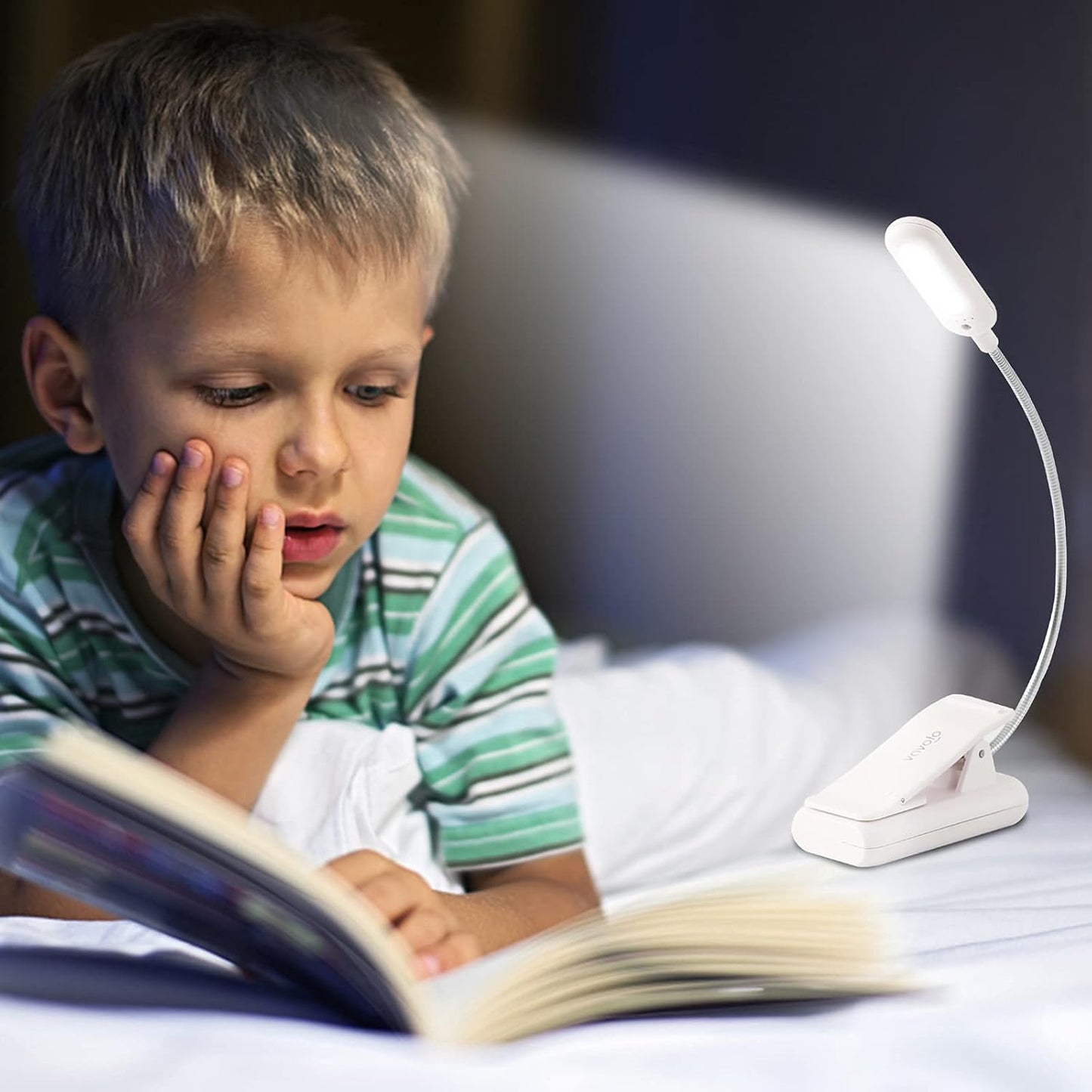 VAVOFO Clip On Book Light for Bed Kids, 7 LED Reading Light with 9-Level Warm Cool White Daylight, Eye Care Lamp with Power Indicator for Bookworms (Blue)