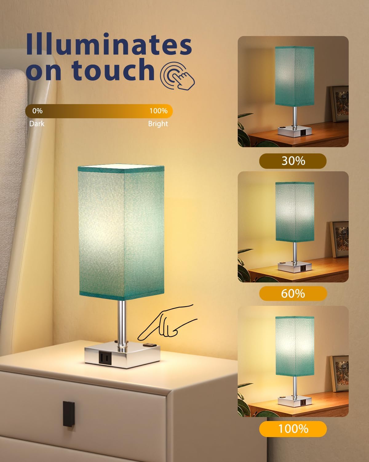 Touch Bedside Table Lamp for Bedroom - Dimmable, USB C+A, 2 AC Outlets
