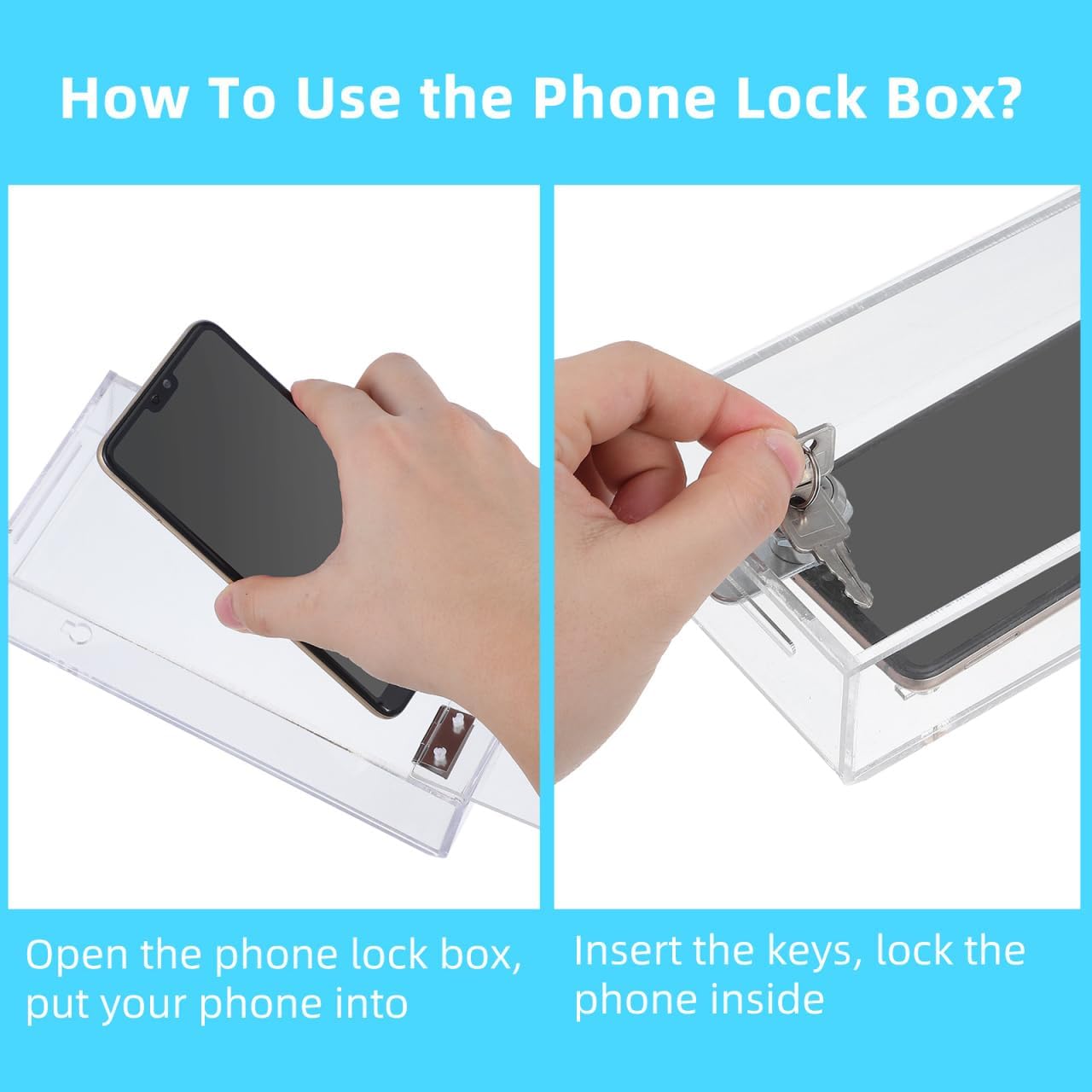 STOBOK Cell Phone Locker Box, Clear Acrylic Phone Jail Lock Box with 2 Keys, Self-Control Transparent Storage Container with Charging Port for Classroom Home Office Use