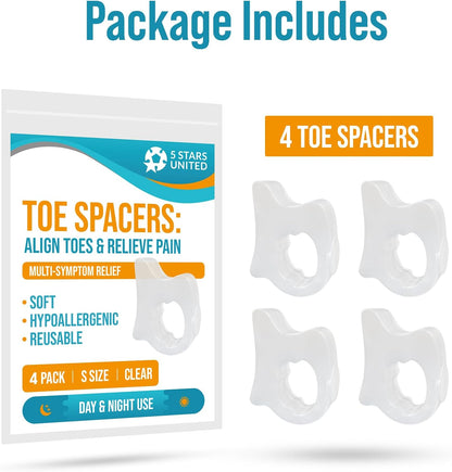 5 STARS UNITED Big Toe Spacers for Men & Women – 4 Gel Separators for Overlapping & Curled Toes, Bunions, Alignment - Diabetic Foot Care, Silicone Spreader, Corrector & Straightener, Clear