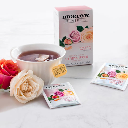 Bigelow Tea Benefits Stress Free Rose and Mint Herbal Tea, 18 Count