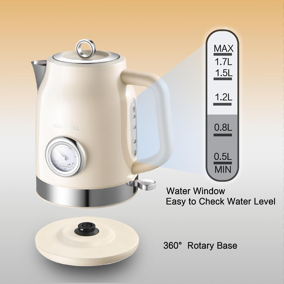 Retro Electric Tea Kettle, 1.7L, Matte White and Gold