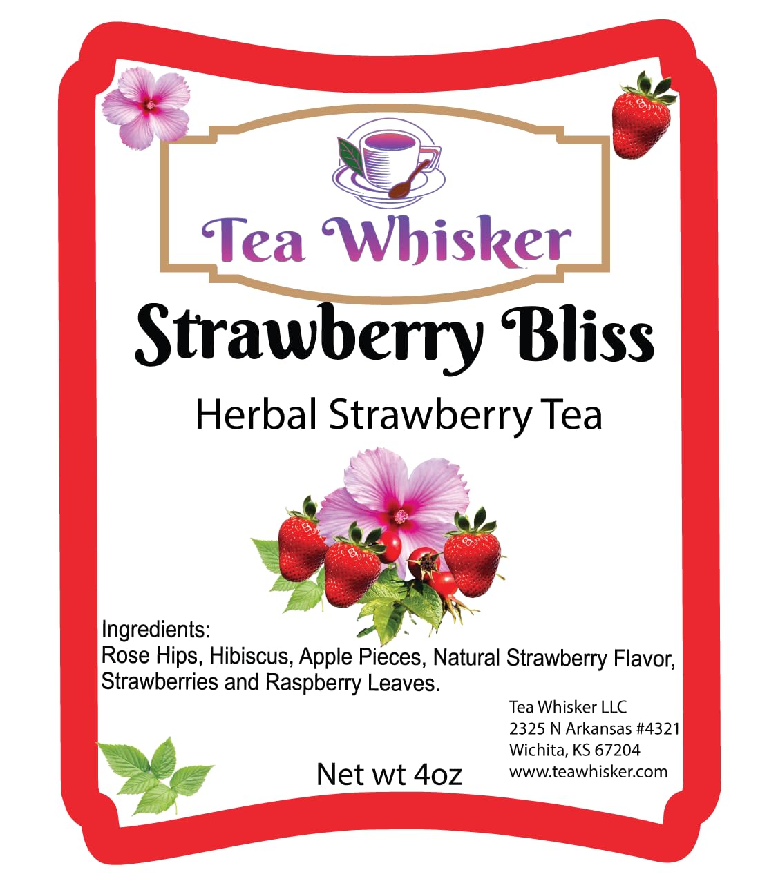 Tea Whisker Strawberry Bliss Strawberry Herbal Loose Leaf Tea, 4 oz