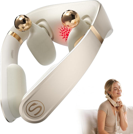 SKG PS700 Neck Massager with Heat for Strain Relief Deep Tissue | Birthday Gifts for Women Men, Red Light Warmth, 360° Bionic Kneading, Cordless Portable Neck and Shoulder Shiatsu Massager