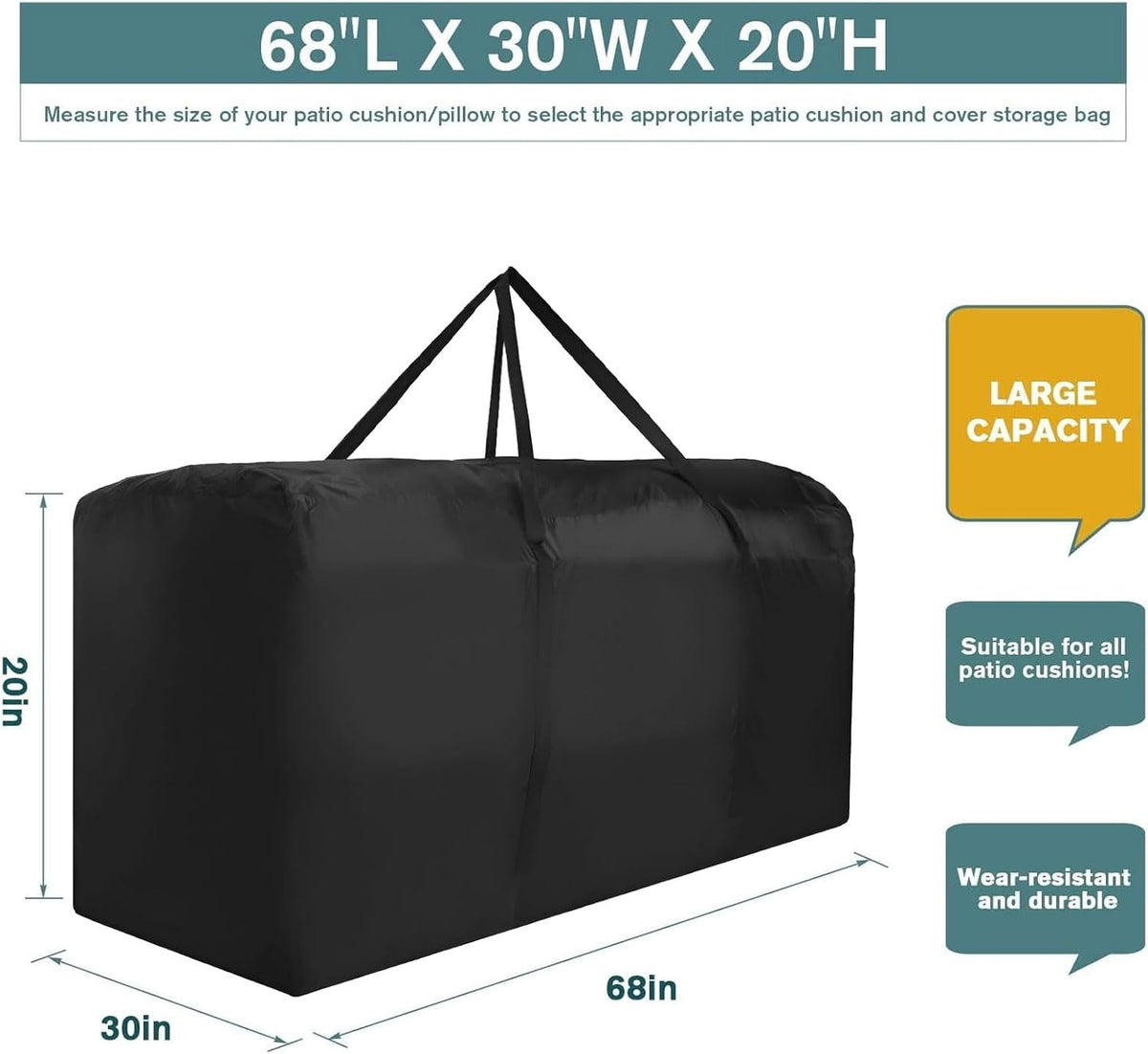 Patio Water-Resistant Extra Large Protective Zippered Outdoor Cushion Furniture Storage Bag with Handles, 68in L x 30in W x 20in H