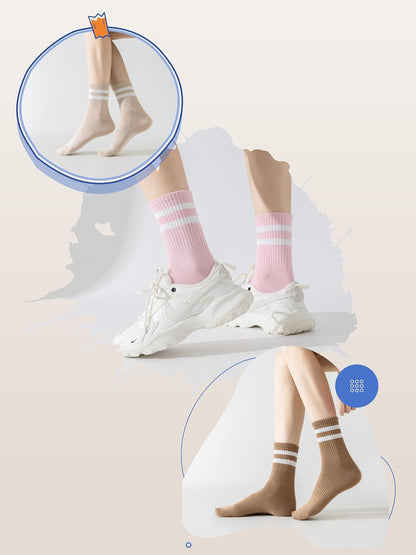YUWELL Womens Striped Crew Socks, Cotton Cozy Casual Socks for Women 4 Pairs, Size 5-10