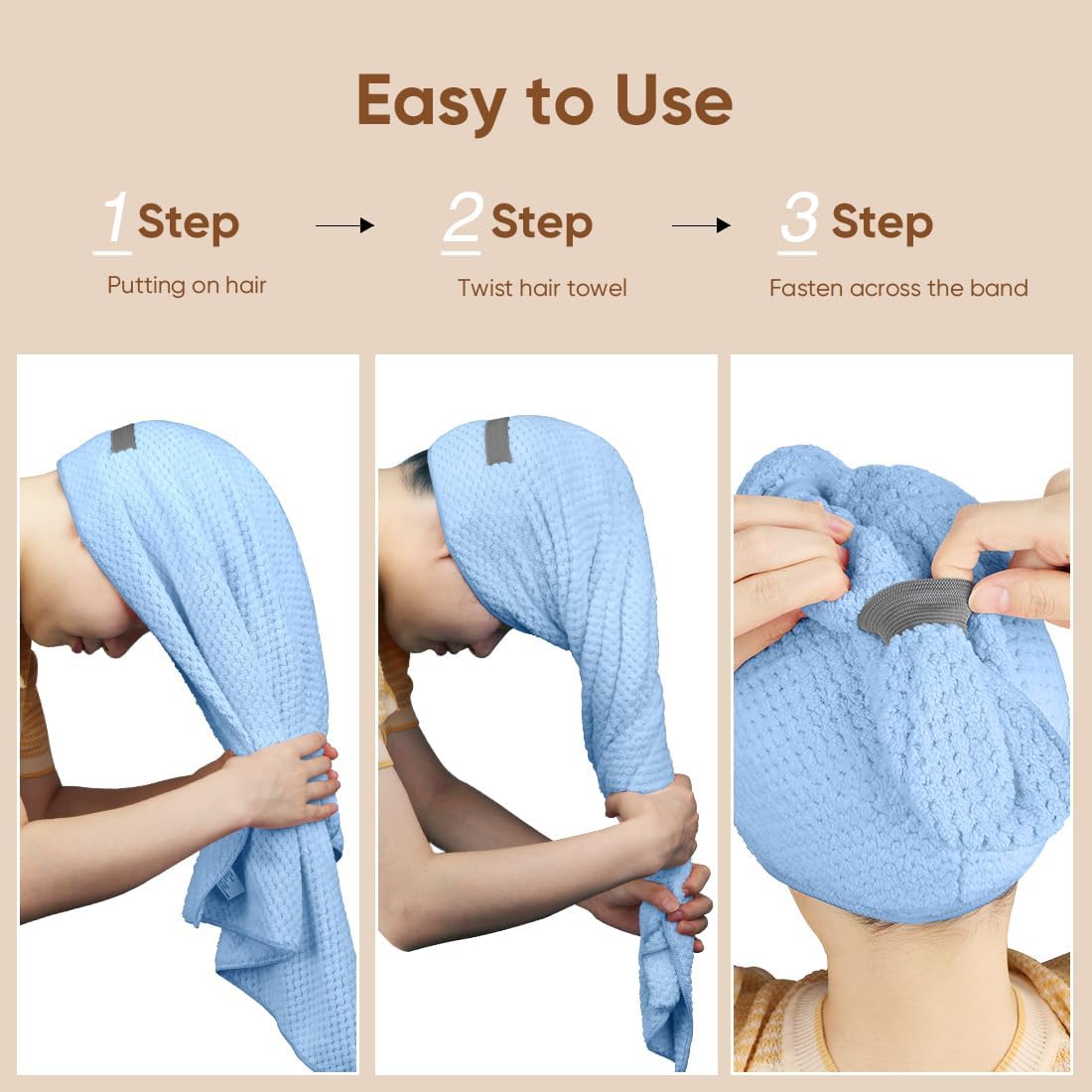 HOMEXCEL 5 Pack Microfiber Hair Towels - 40 x 20 inches Super Soft, Fast Drying Turbans for Long, Thick, Curly Hair - Anti Frizz Wrap with Elastic Strap