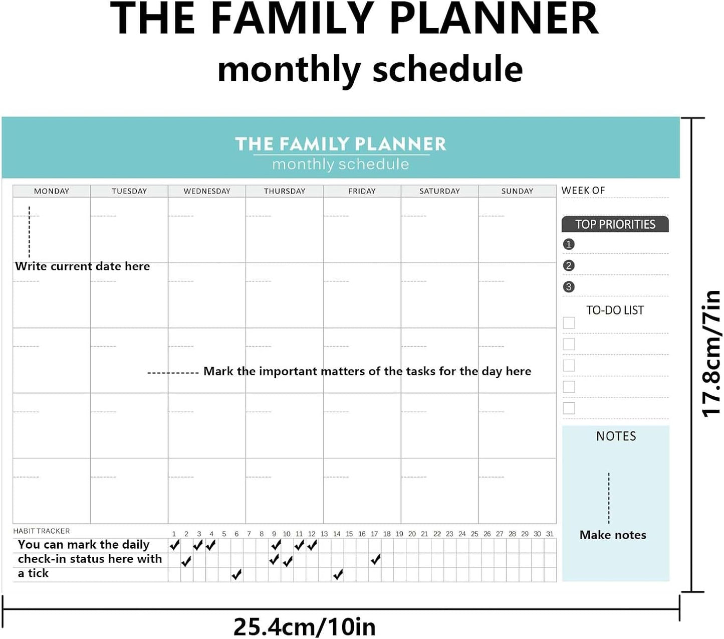 Monthly Planner Notepad - 52 Pages of Blank Calendar Sheets, Undated Planner for Organizing Tasks & Scheduling, Blank Calendar Design for Custom Monthly Planning, 7" x 10", Green