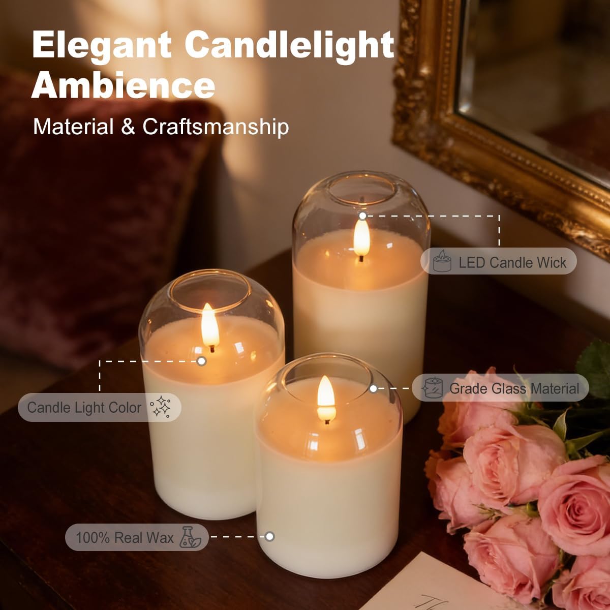 LEDHOLYT Rechargeable Flameless Glass Pillar Candles–Gifts for Women,–Set of 3, Realistic Flickering LED Flame,Remote & Timer, Ideal for Living Room, Bedroom & Halloween Festival Home Party Decor