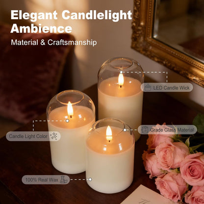 LEDHOLYT Rechargeable Flameless Glass Pillar Candles–Gifts for Women,–Set of 3, Realistic Flickering LED Flame,Remote & Timer, Ideal for Living Room, Bedroom & Halloween Festival Home Party Decor