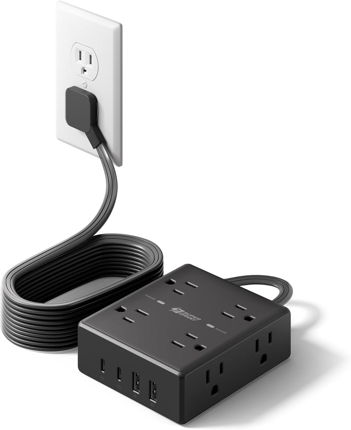 SUPERDANNY Extension Cord,Flat Plug Surge Protector Power Strip,10Ft