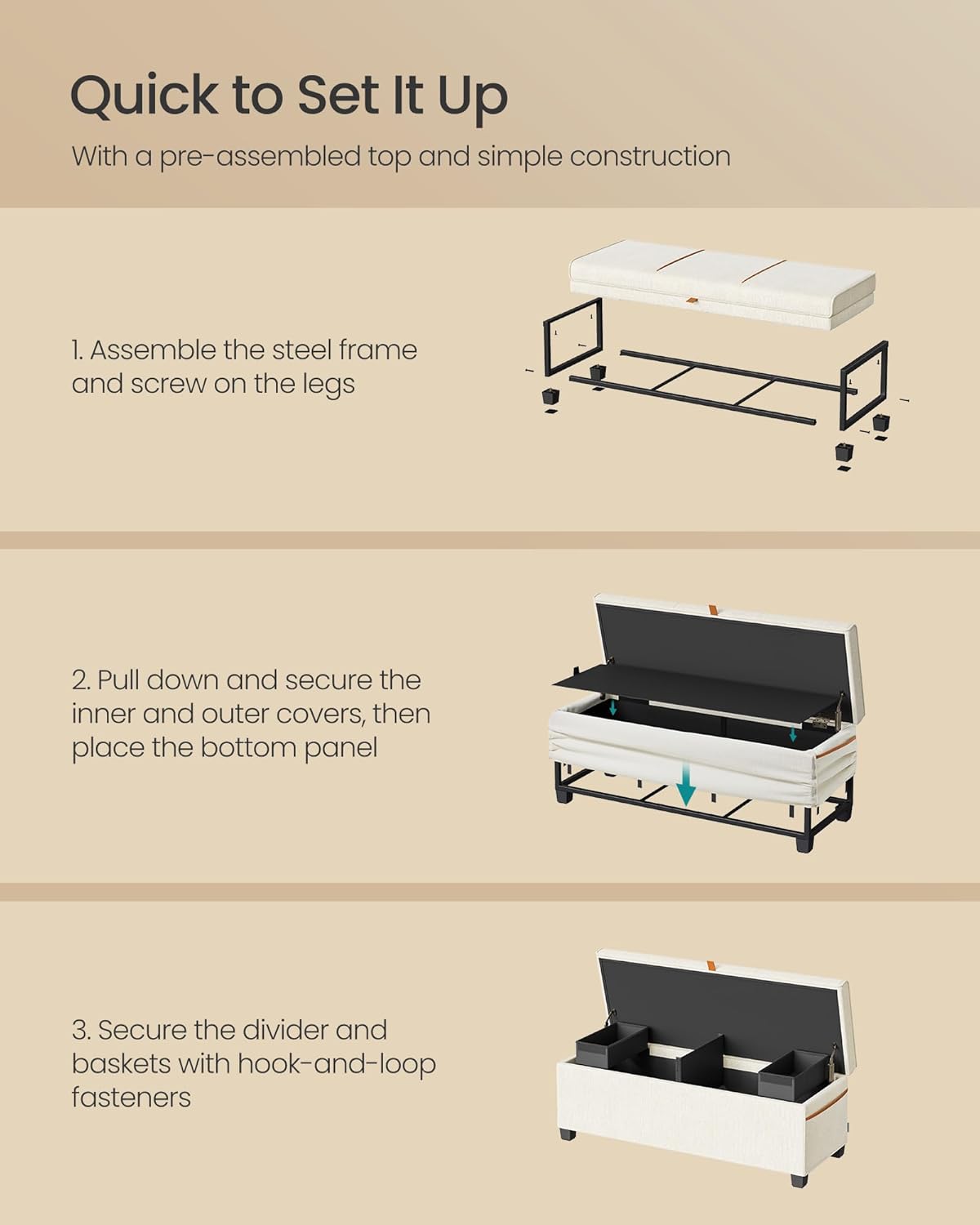 SONGMICS Storage Ottoman Bench, Foot Rest with Legs, 15.7 x 43.3 x 15.7 Inches, End of Bed Bench, Storage Chest, Load up to 660 lb, for Living Room, Bedroom, Entryway, Dark Gray ULSF088G01