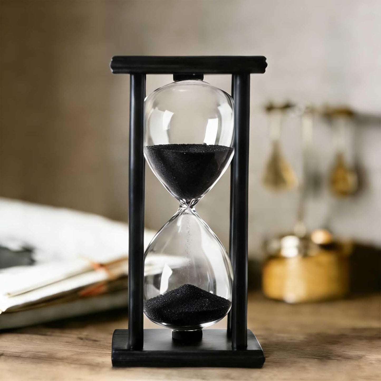 Hourglass 60 Minutes White Sand Timer, Black Wooden Frame Sandglass