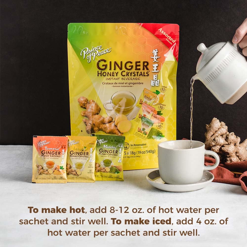 Prince of Peace Instant Ginger Honey Crystals Assorted, 30 Sachets – Instant Hot or Cold Beverage that Soothes Throat – Easy to Brew – Drink Like a Tea – Gluten Free – Real Ginger