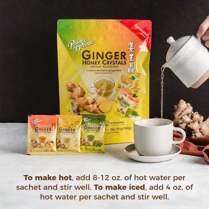 Prince of Peace Instant Ginger Honey Crystals Assorted, 30 Sachets – Instant Hot or Cold Beverage that Soothes Throat – Easy to Brew – Drink Like a Tea – Gluten Free – Real Ginger