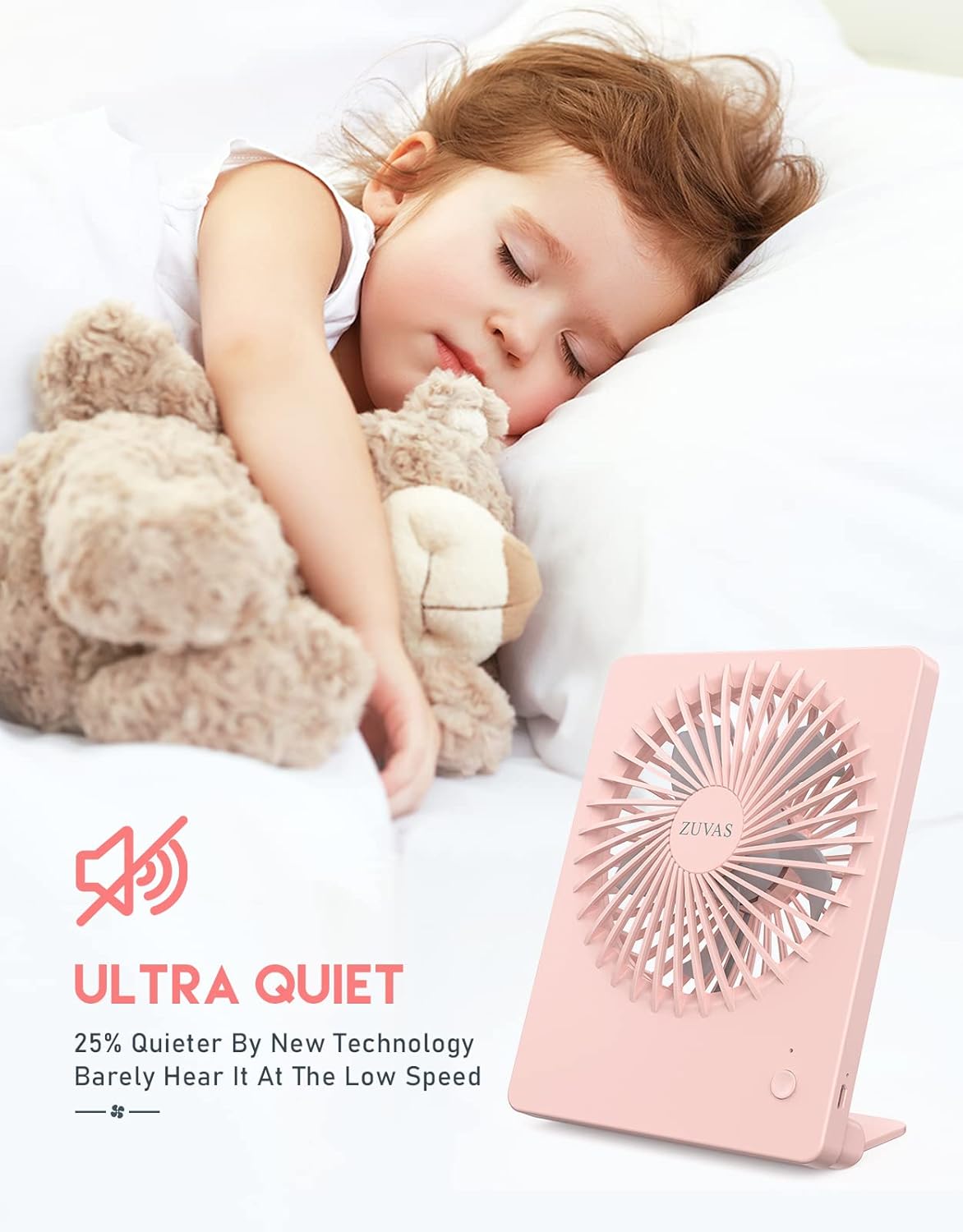 Zuvas Desk Fan Battery Operated Fan Rechargeable 180°Tilt Folding Personal Fan Ultra Quiet Small Portable 3 Speed Adjustable Strong Wind Fan For Office Bedroom Home Desktop Camping (White)