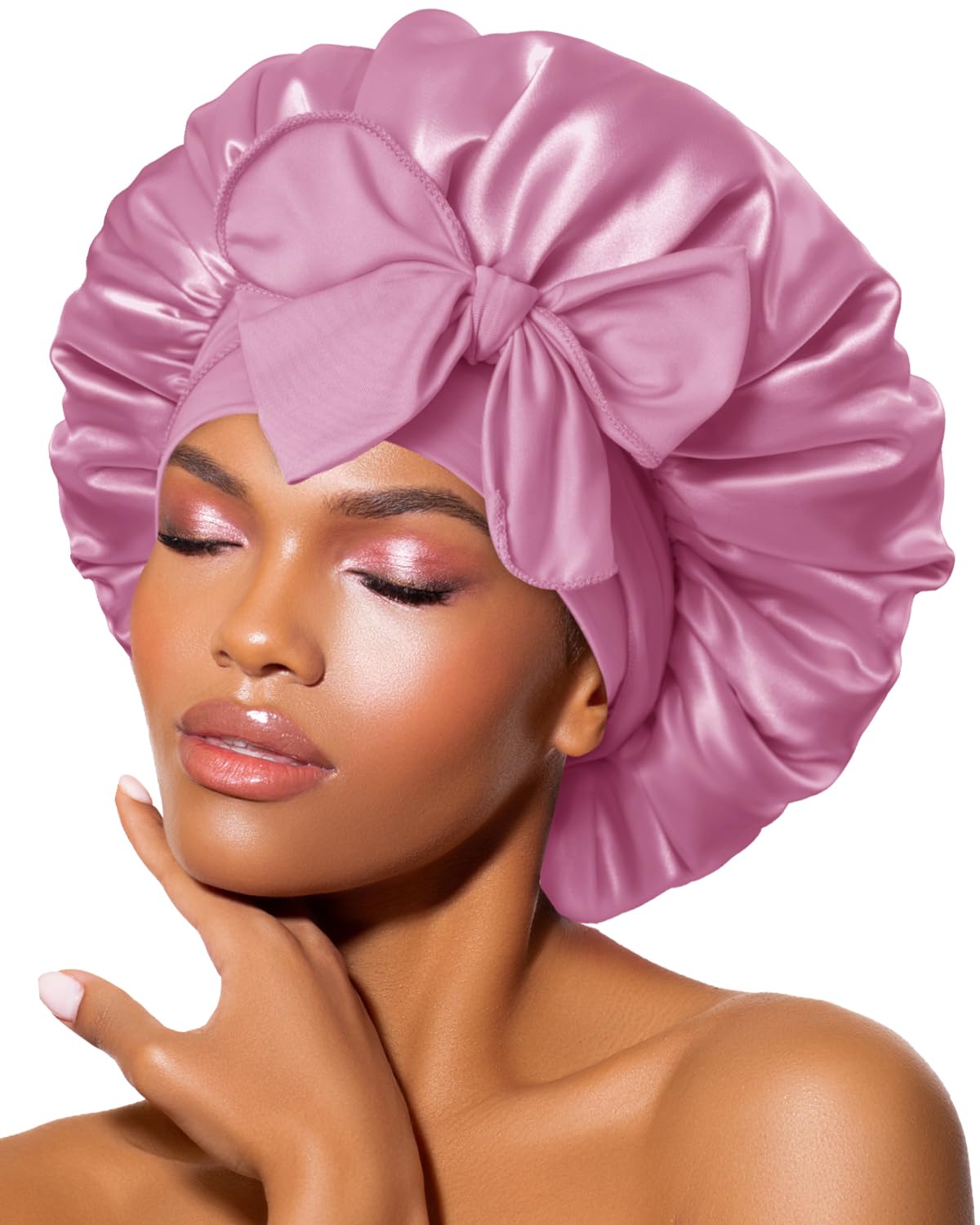 BONNET QUEEN Silk Bonnet for Sleeping for Women Satin Bonnet Night Cap for Curly Hair with Tie Band, Single Layer, Cream Pink