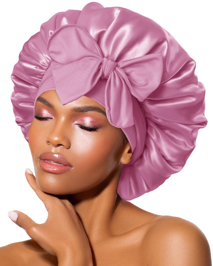 BONNET QUEEN Silk Bonnet for Sleeping for Women Satin Bonnet Night Cap for Curly Hair with Tie Band, Single Layer, Cream Pink