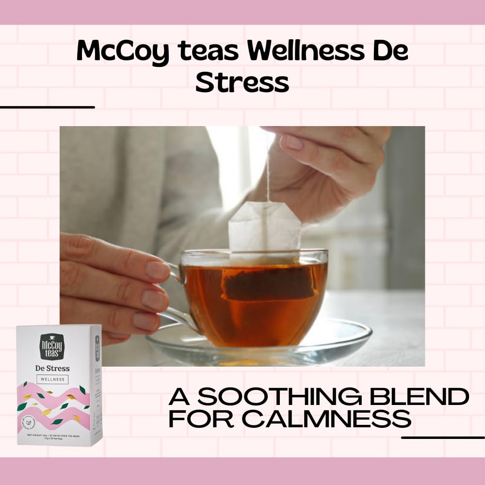 McCoy Teas Wellness De Stress Tea Bags Drinks with Gotukola Lavender Cumin & Fennel with Premium Tea from Sri Lanka, 20 Tea Bags (Pack of 01)