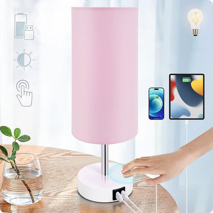 Yarra-Decor Bedside Table Lamp with USB Ports - Touch Control for Bedroom 3 Way Dimmable Nightstand Lamp with Round Fabric Shade for Living Room, Dorm, Home Office, Corded Electric, Without Battery