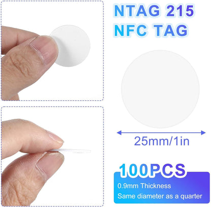 NFC Tag NFC Stickers White NTAG215 Tag Rewritable Round Coin NFC Cards with Adhesive Back Compatible with Tagmo NFC Enabled Mobile Phones