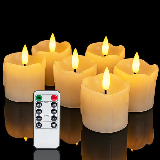 Homemory Flameless Votive Candles with Timer, 2" x 2" Real Wax, 400+Hour Realistic Black Wick Battery Operated Candles, Set of 6 for Wedding, Party and Holiday Decoration (Battery Included)