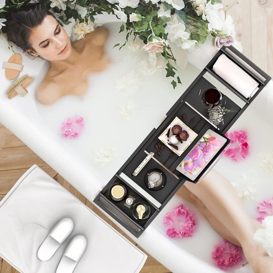 Bath Caddy Tray for Bathtub - Bamboo Adjustable Organizer Tray for Bathroom with Free Soap Dish Suitable for Luxury Spa or Reading
