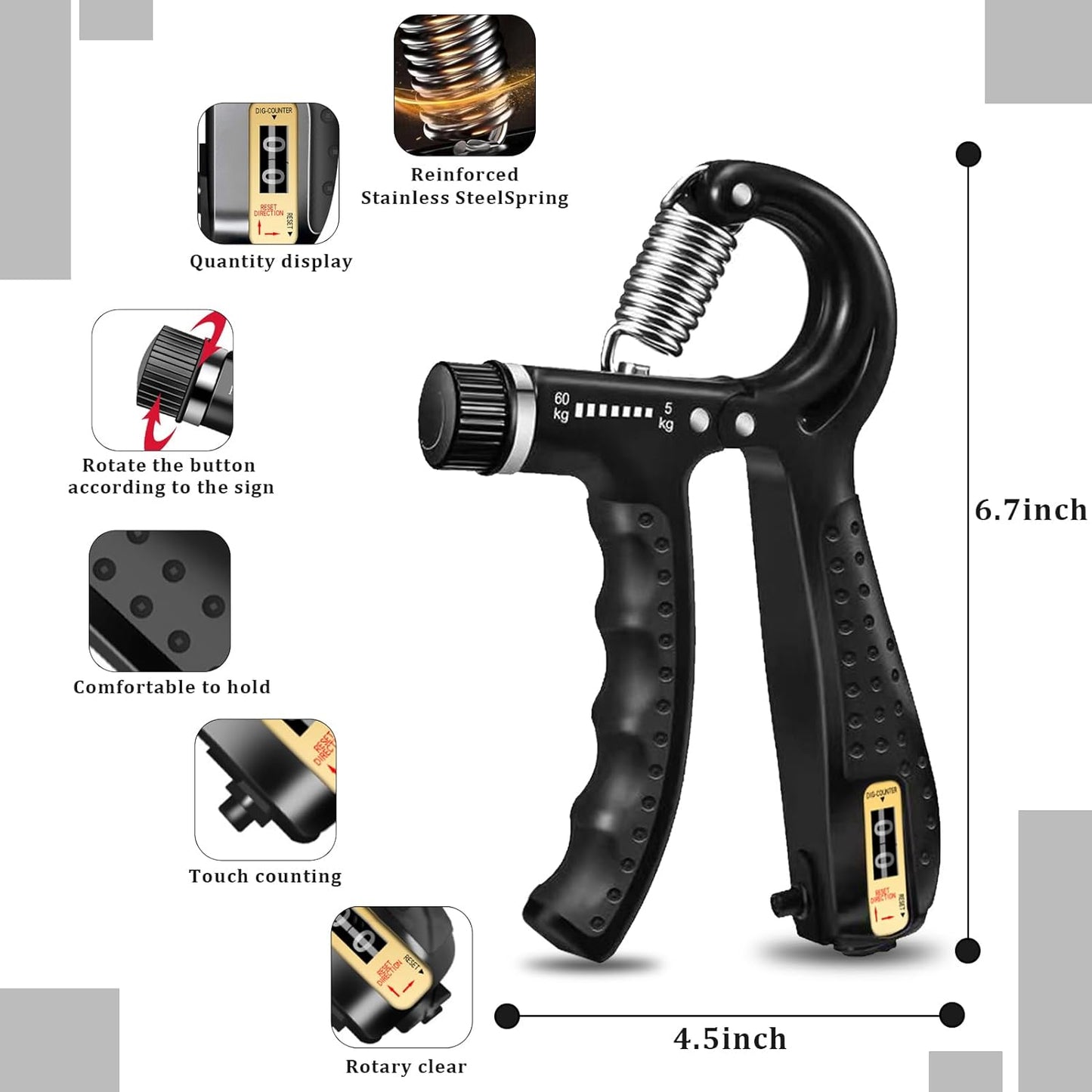 Hand Grip Strengthener Kit 5 Pack Adjustable Finger Forearm Hand Exerciser | Adjustable Grip Trainer, Finger Stretcher & Stress Ball Set for Strength Training & Hand Exercises