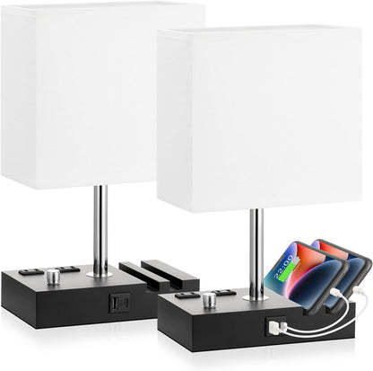 Kakanuo Fully Dimmable Nightstand Lamp for Bedroom with USB C Ports, Grey Small Bedside Table Lamp with Charging Outlets and Phone Stands, Wooden Desk Lamp for Living Room, LED Bulb Included