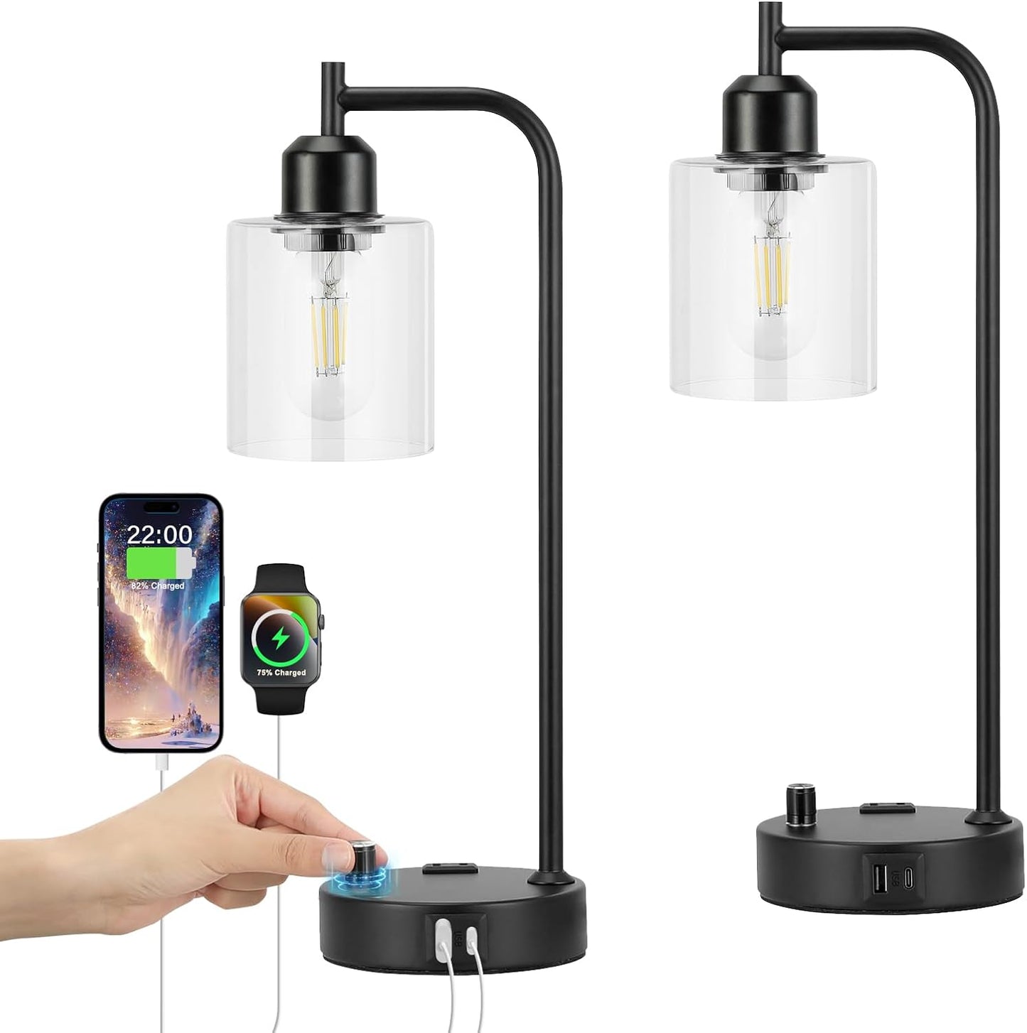 Industrial Table Lamps for Bedrooms Set of 2 - Fully Dimmable Bedside Lamps with USB A and C Ports and Outlet, Black Nightstand Lamps with Glass Shade for Living Room, Desk Lamps for Office Reading