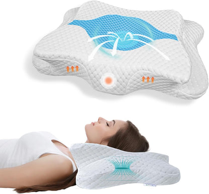 CHxxy Cervical Neck Pillow for Pain Relief Sleeping, Memory Foam Pillows, Ergonomic Side Sleeper Pillows, Cooling Orthopedic Neck Support Pillow for Back Stomach Sleepers-Queen Size Grey&Grey