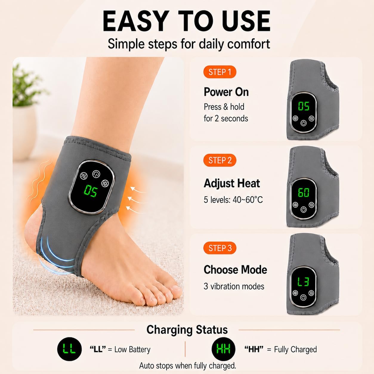 Gouzfca Foot Massager - Electric Ankle Massager, Cordless Design with 3 Vibration Modes, 5 Heat Levels (40°C–60°C) & 30 Min Timer, Home & Travel Use (Grey, 1pc)