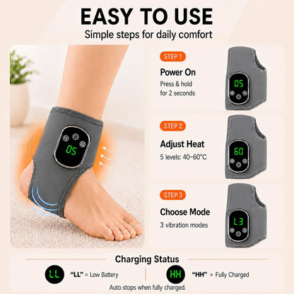 Gouzfca Foot Massager - Electric Ankle Massager, Cordless Design with 3 Vibration Modes, 5 Heat Levels (40°C–60°C) & 30 Min Timer, Home & Travel Use (Grey, 1pc)