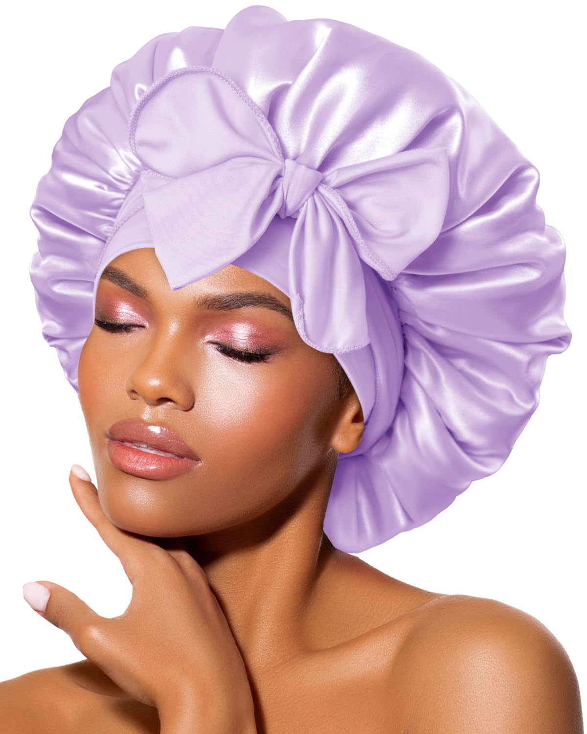 BONNET QUEEN Silk Bonnet for Sleeping for Women Satin Bonnet Night Cap for Curly Hair with Tie Band, Single Layer, Cream Pink