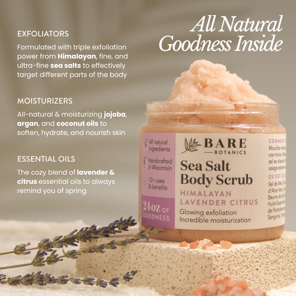 Bare Botanics Coconut Vanilla Body Scrub 24oz | Made in Madison, WI | All Natural Sea Salt Exfoliator w/ Skin Loving Moisturizers | Vegan & Cruelty Free | Gift Ready Packaging w/ a Cute Wooden Spoon