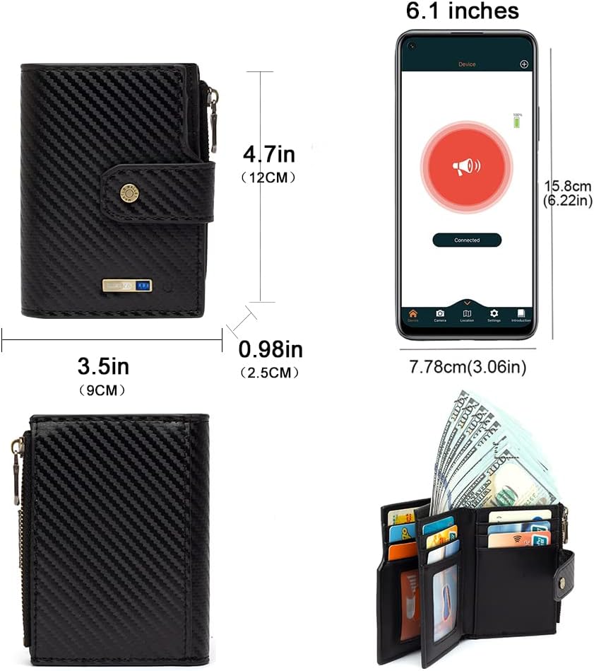 Anti-Lost Bluetooth Wallet Tracker Finder, Slim Trifold Cowhide Mens Wallet with ID Window Credit Card Holder Pocket (Coffee2-OLD)