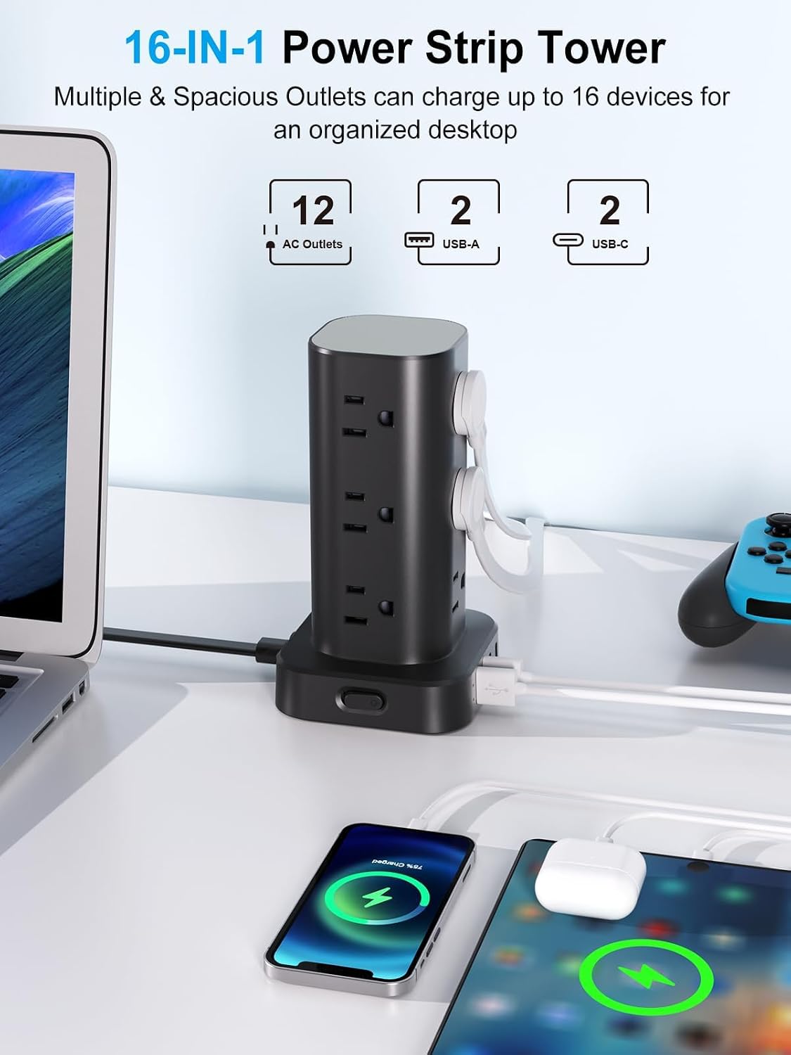 6FT Power Strip Tower Surge Protector, 12 Wide Spaced Outlets, 4 USB