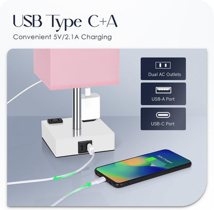Bedside Table Lamp for Bedroom - Touch Small Lamp with USB C+A Charging Ports & AC Outlets, 3 Way Dimmable Nightstand Light for Living Room (LED Bulb Included, Grey)