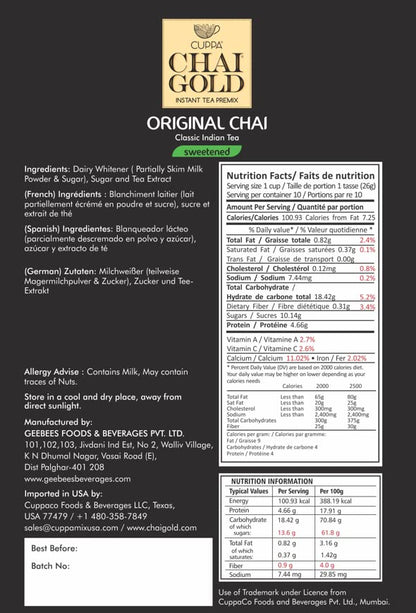 Cuppa Chai Gold Original Chai Instant Tea Premix Sweetened, Classic Chai Tea Beverage Mix, Rich Authentic Flavor, Smooth Creamy Taste, Just Add Hot Water, Single-Serve Sachets for Home, Office & Travel, Pack of 1 (10 Count)