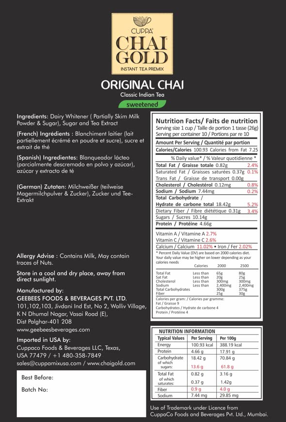 Cuppa Chai Gold Original Chai Instant Tea Premix Sweetened, Classic Chai Tea Beverage Mix, Rich Authentic Flavor, Smooth Creamy Taste, Just Add Hot Water, Single-Serve Sachets for Home, Office & Travel, Pack of 1 (10 Count)
