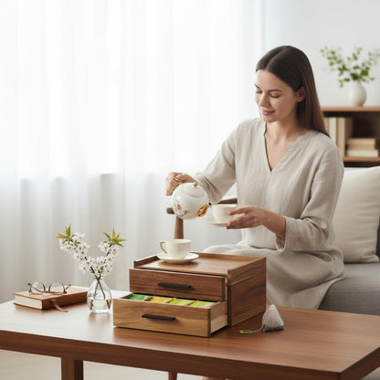 Acacia Wood Tea Bag Organizer with Gift Box, Double-Drawer Tea Box - Tea Accessories for Tea Organizer and Storage Box, Tea Station Chest Caddy for Countertop Cabinet Office(21-Compartment)